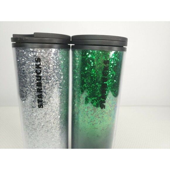New Starbucks 2019 Holiday Silver and Green Glitter Tumbler Set Two 16 oz - Picture 2 of 5